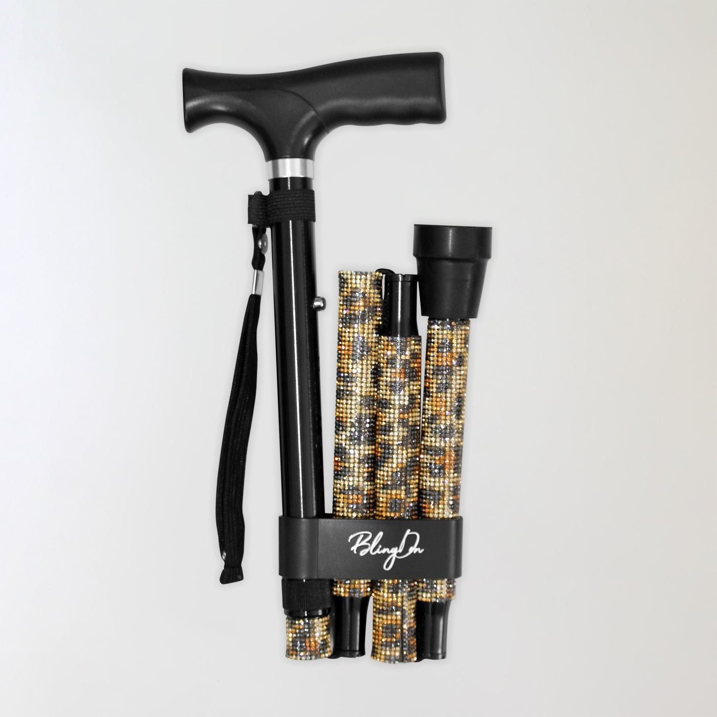 Collapsible walking cane with leopard print design and black handle 